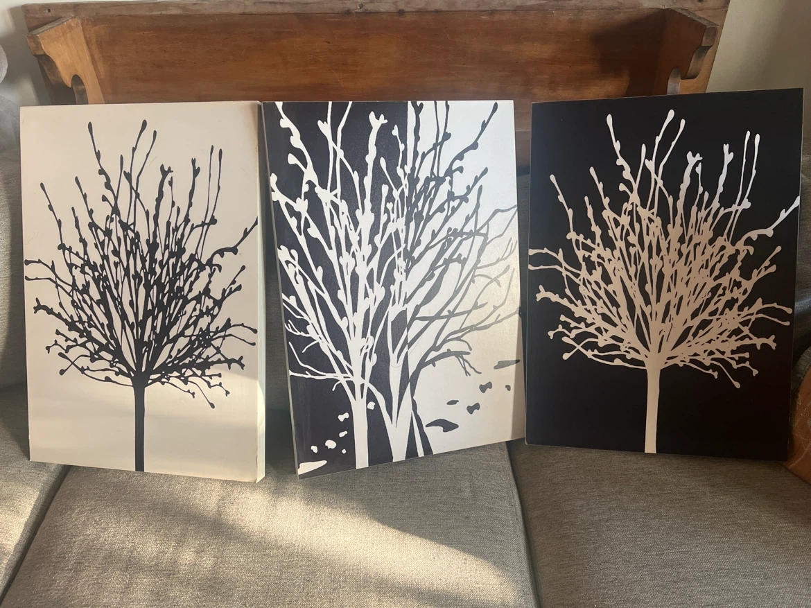 Set of 3 black and white tree art