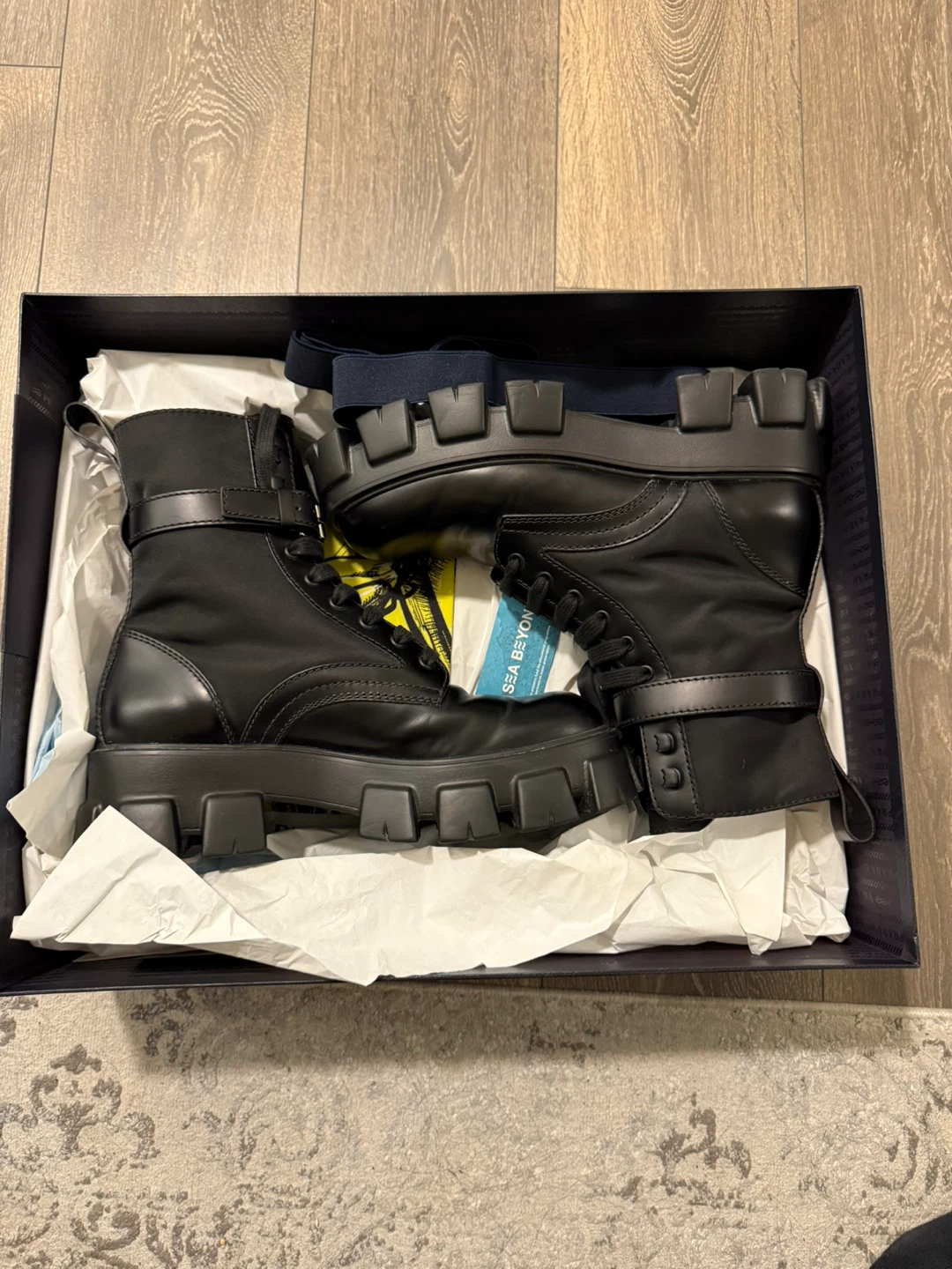 Prada Monolith Leather Re-Nylon Combat Boots Pouches Men EU 42.5
