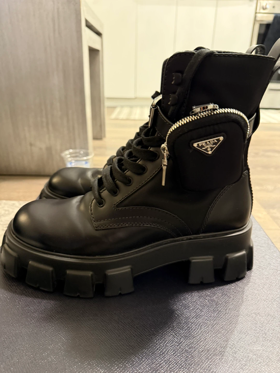 Prada Monolith Leather Re-Nylon Combat Boots Pouches Men EU 42.5 - photo 4