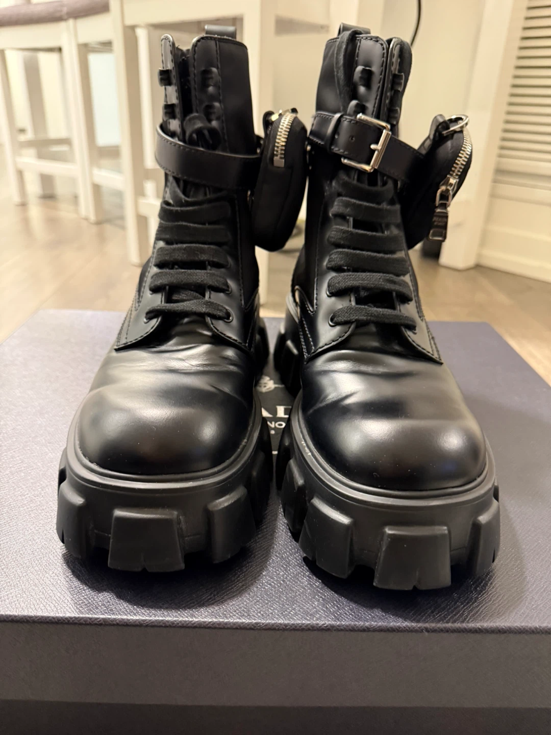 Prada Monolith Leather Re-Nylon Combat Boots Pouches Men EU 42.5 - photo 5