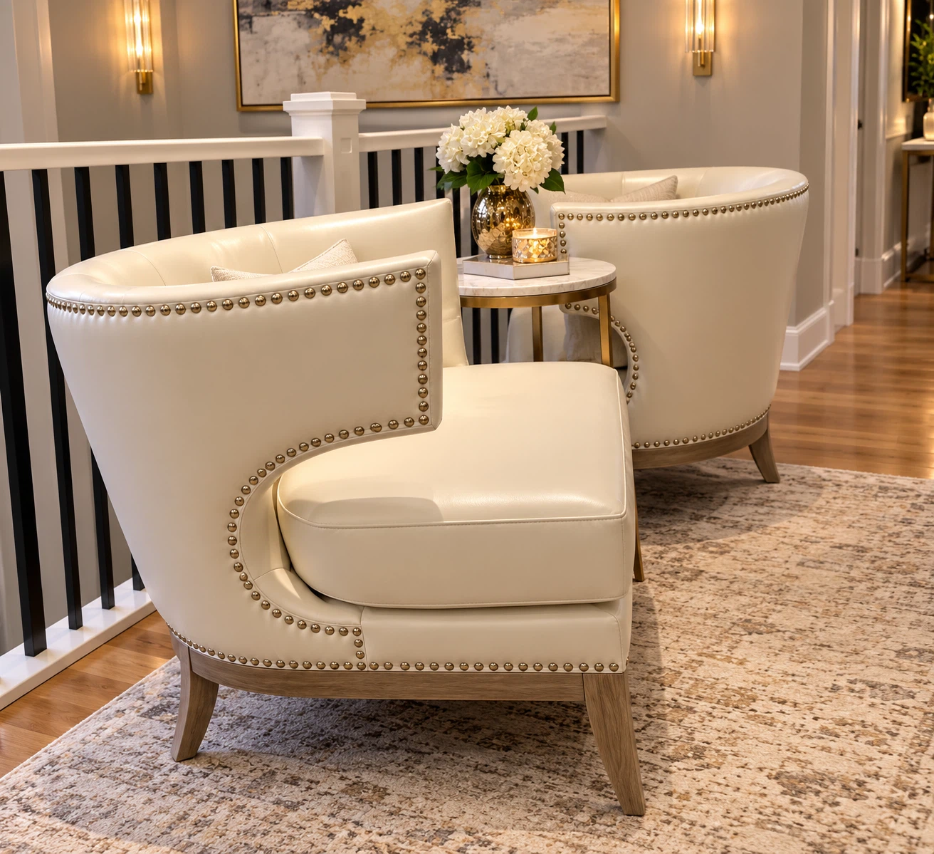 Cream Leather Accent Chairs with Nailhead Trim