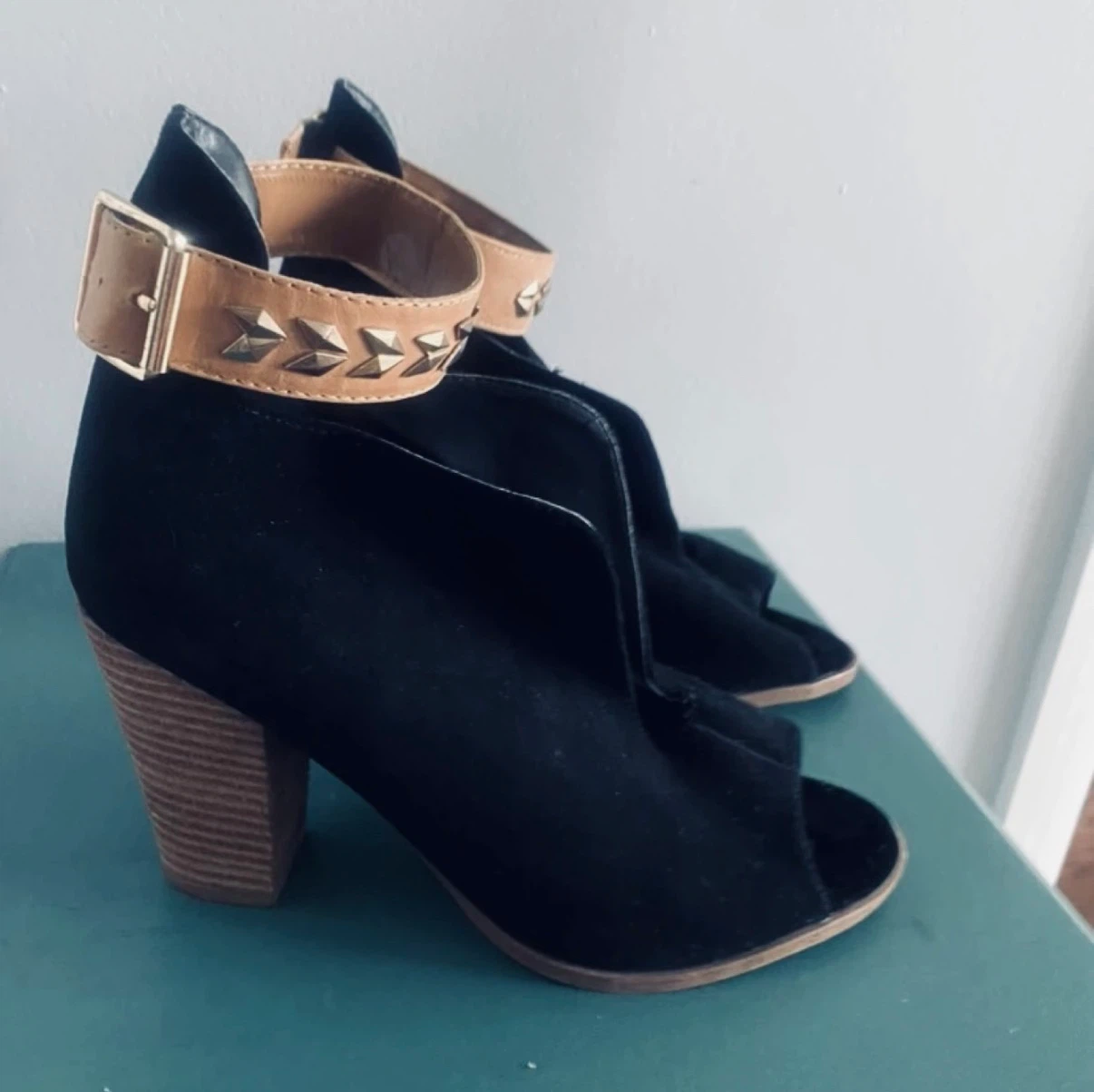 Black Suede Peep-Toe Ankle Boots