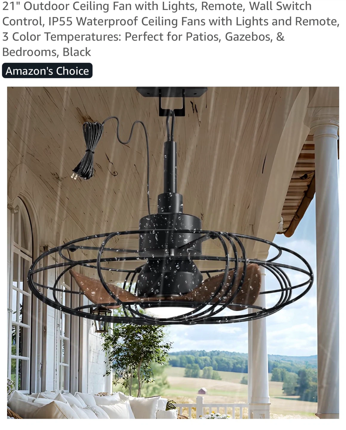 21" Outdoor Ceiling Fan with Lights & Remote , Black GPG