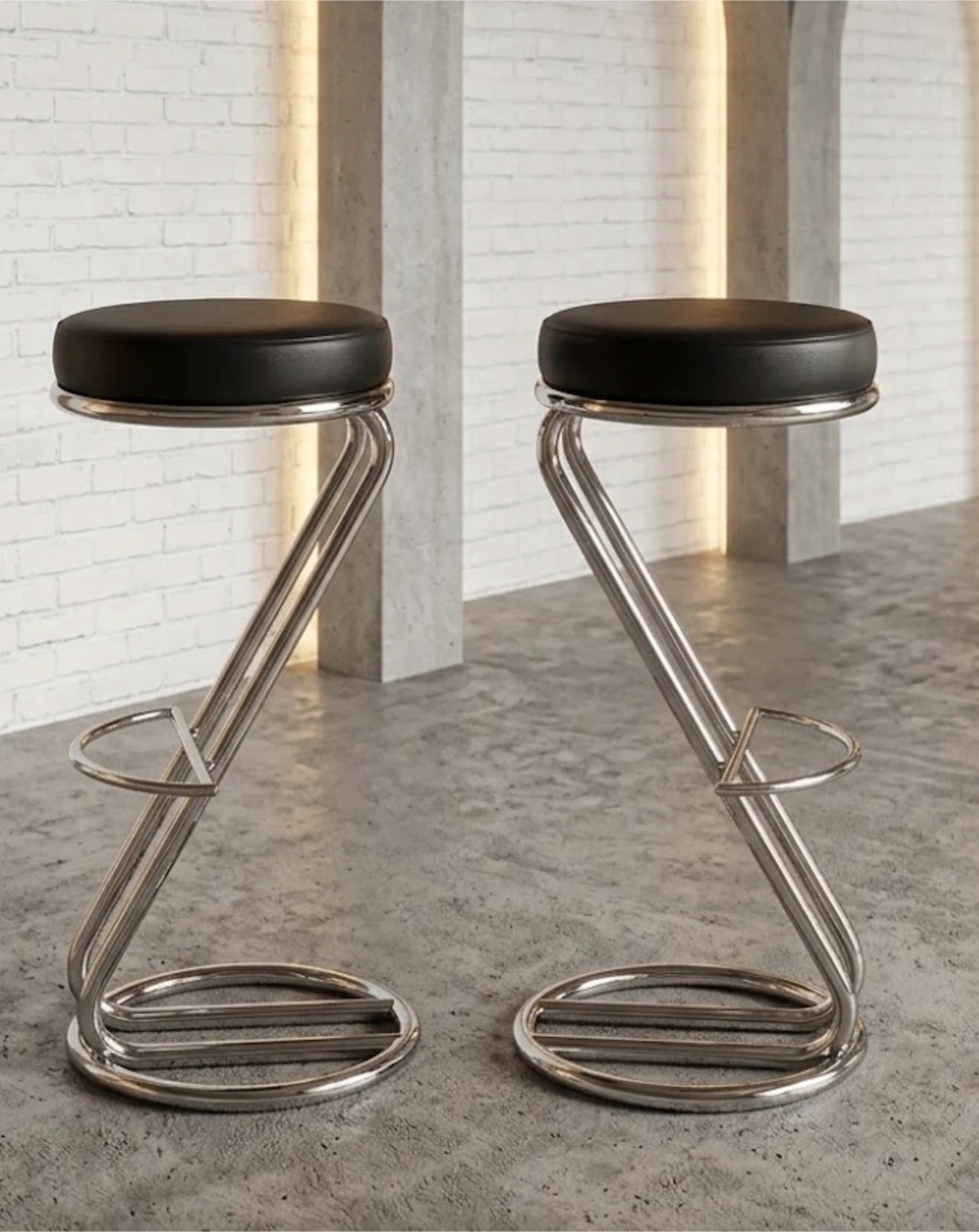 Vintage Postmodern Chrome Z-Stools | Sleek Black & Silver Pair - photo 2