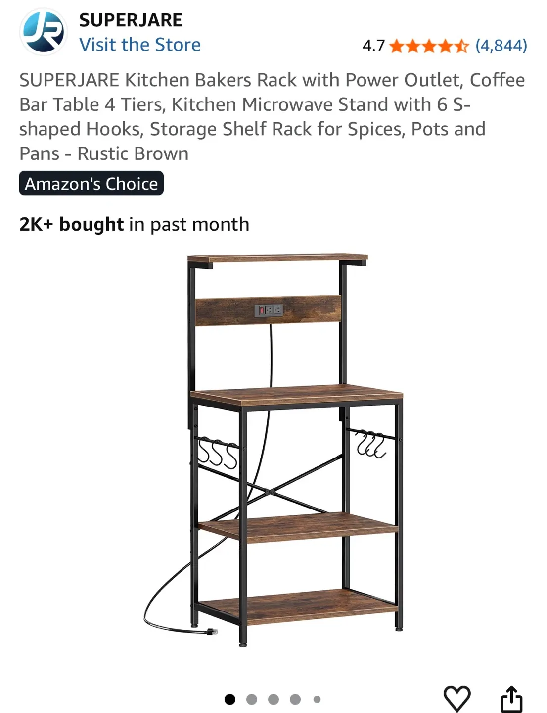 SUPERJARE Kitchen Bakers Rack with Power Outlet - Rustic Brown