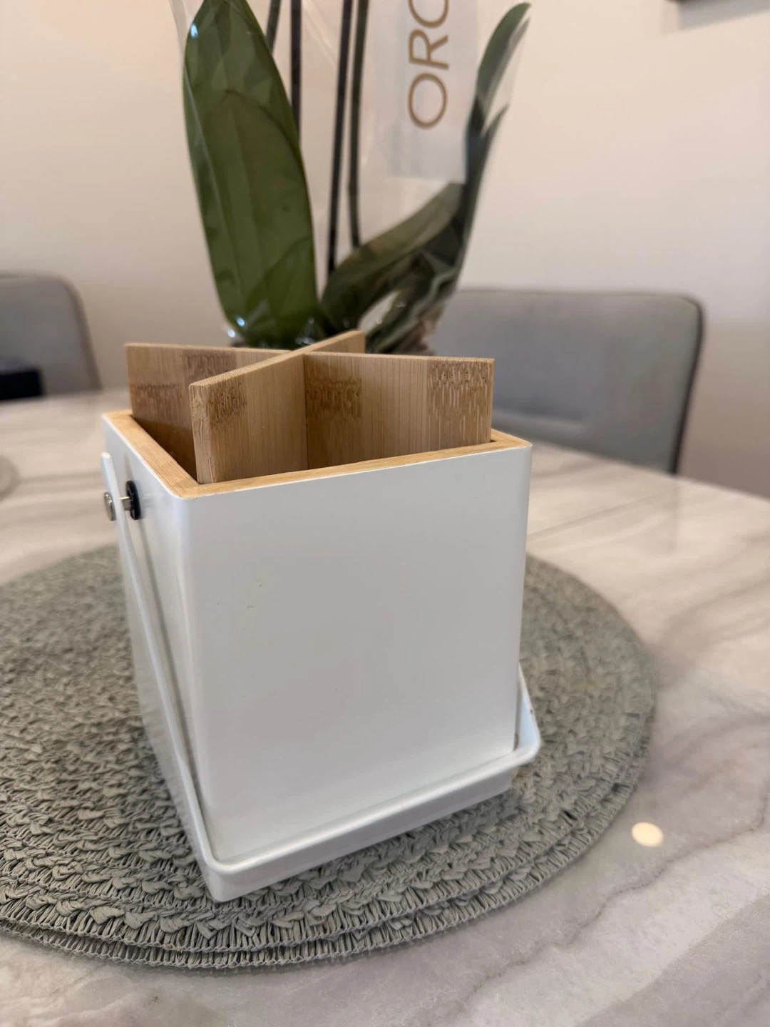White and Bamboo Cutlery Caddy