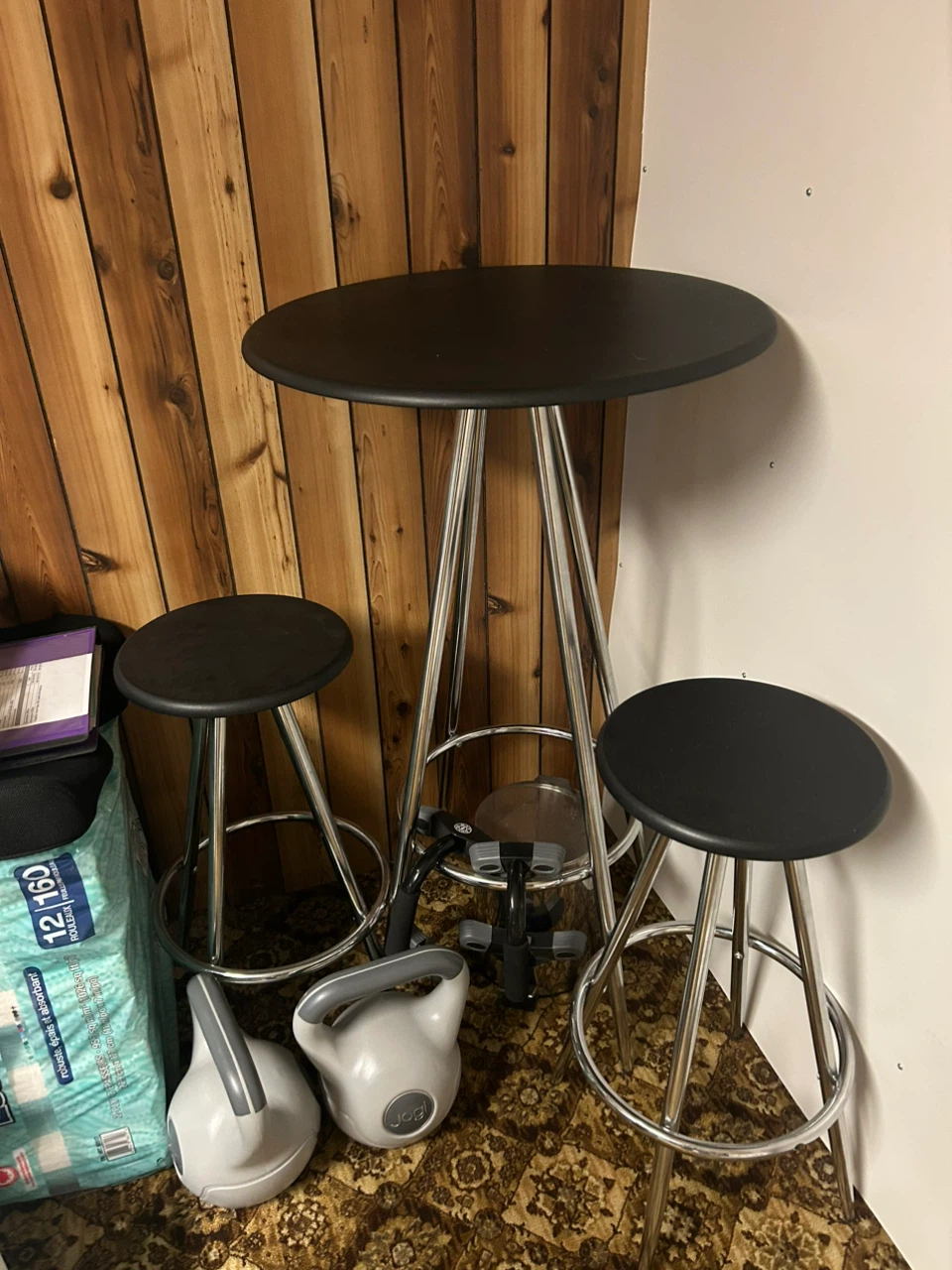 Round Black High-Top Table with 3 Stools