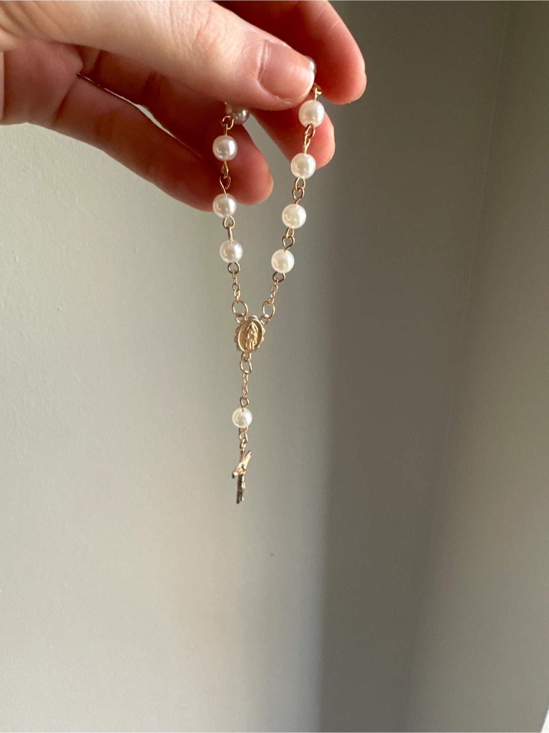 Faux Pearl and Gold-Tone Rosary Bracelet