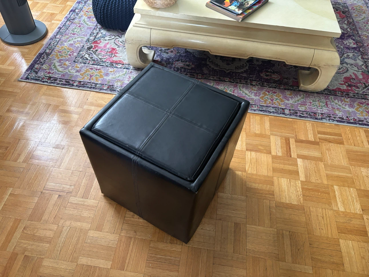 Black Leather Storage Ottoman with Tray