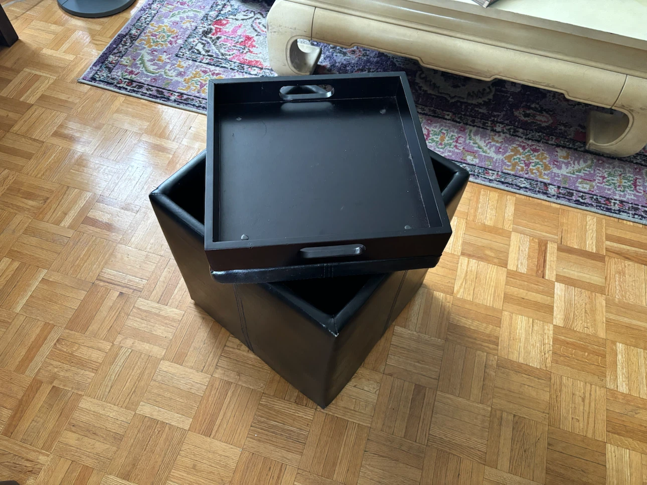 Black Leather Storage Ottoman with Tray - photo 2