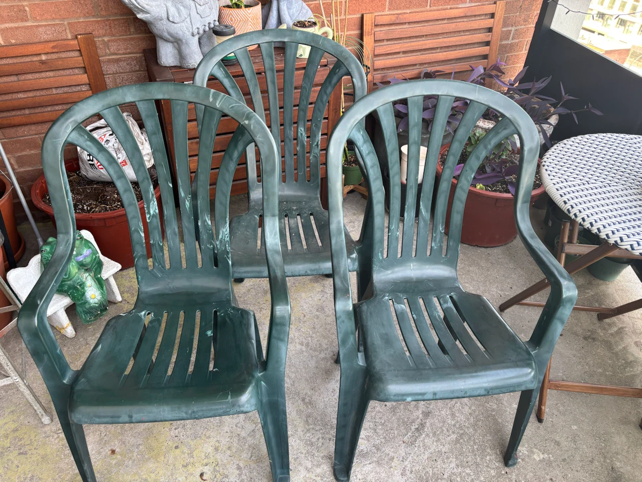 Set of 3 Green Plastic Patio Chairs