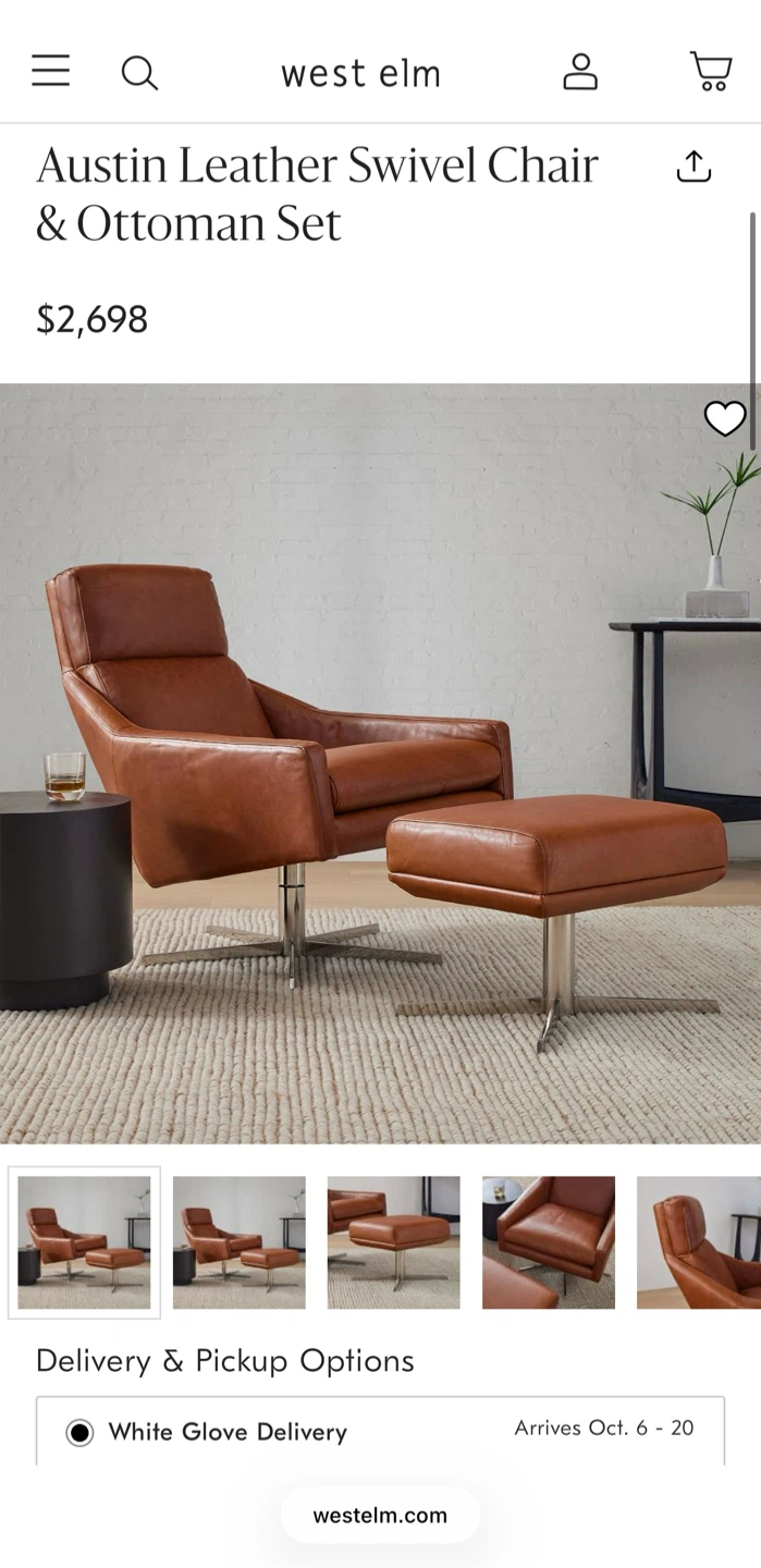 West Elm Austin Leather Swivel Chair & Ottoman Set - photo 2