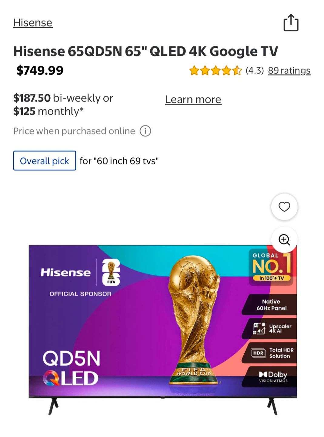 Brand New Hisense 65QD5N 65" QLED 4K Google TV