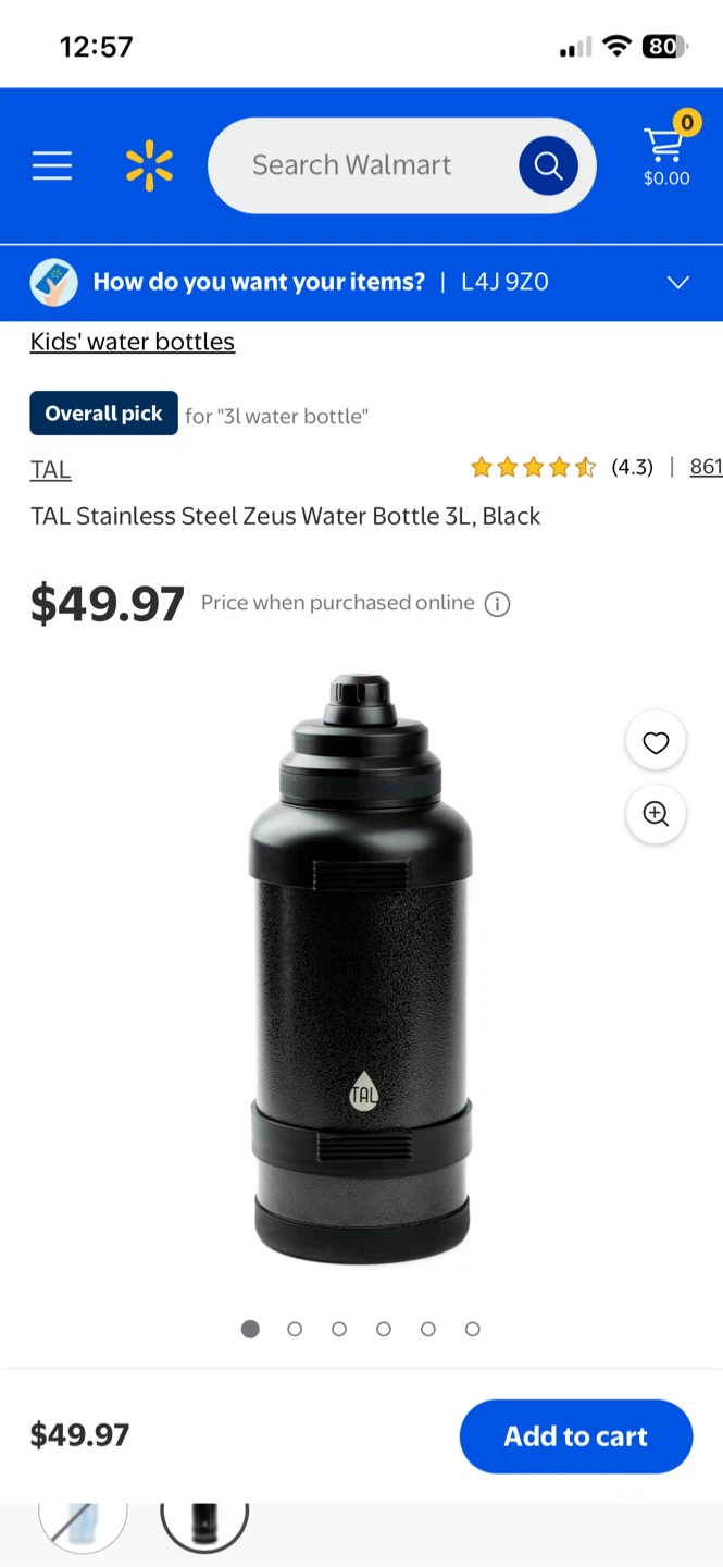 TAL Zeus Stainless Steel Water Bottle - 3L Black