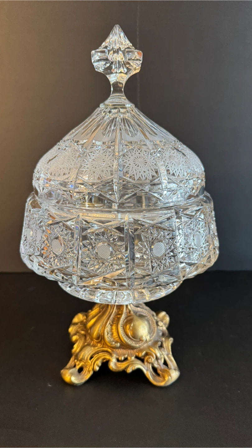 Vintage Crystal Candy Dish with Brass Base