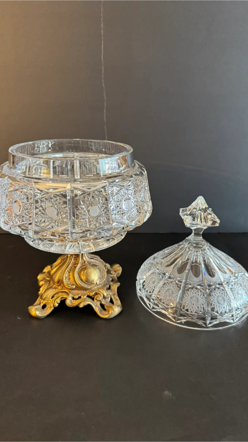 Vintage Crystal Candy Dish with Brass Base - photo 3