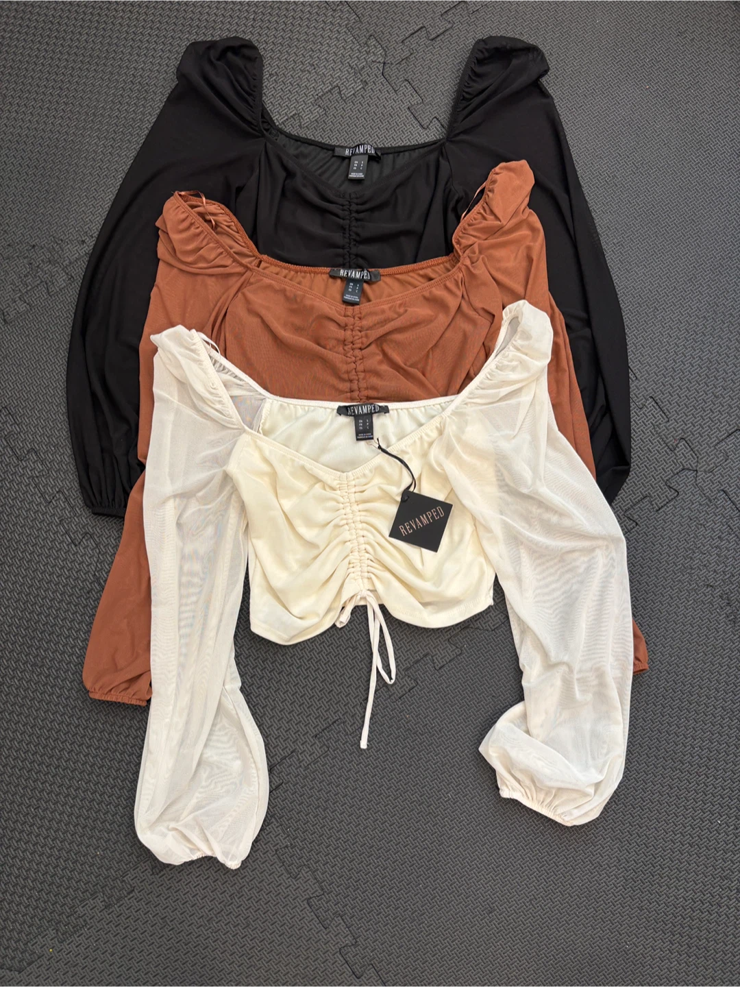 3 Revamped Ruched Mesh Long Sleeve Crop Tops