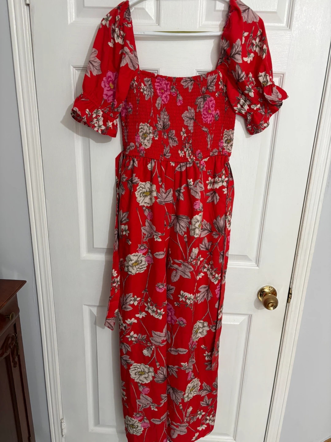 Red Floral Smocked Jumpsuit