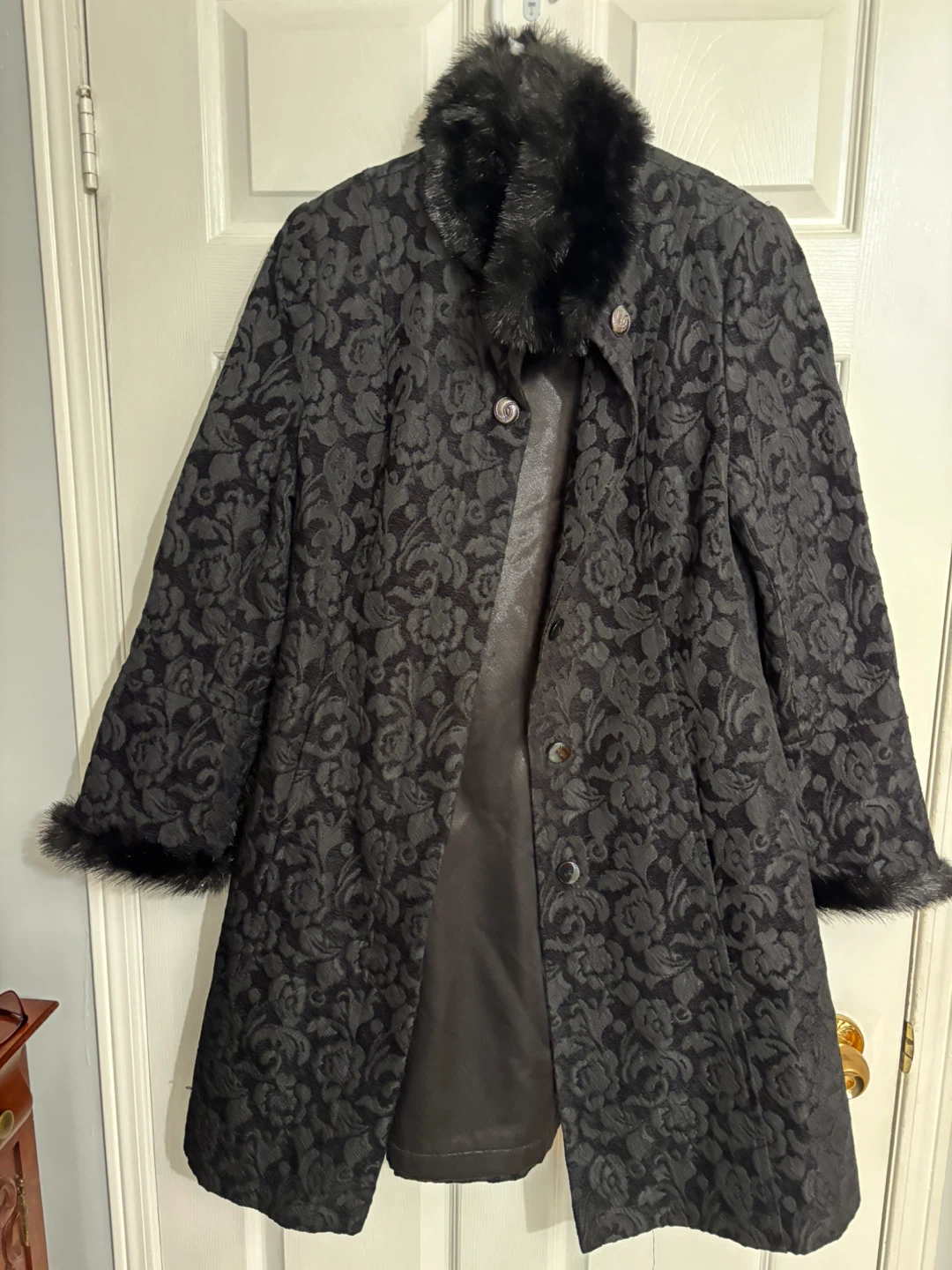 Black Floral Jacquard Coat with Faux Fur Trim