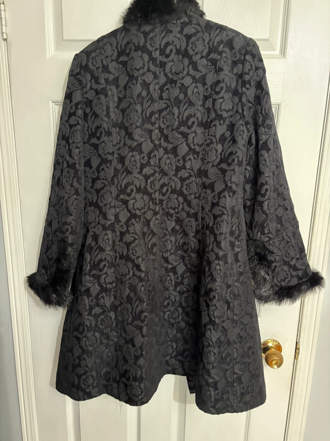 Black Floral Jacquard Coat with Faux Fur Trim - photo 2