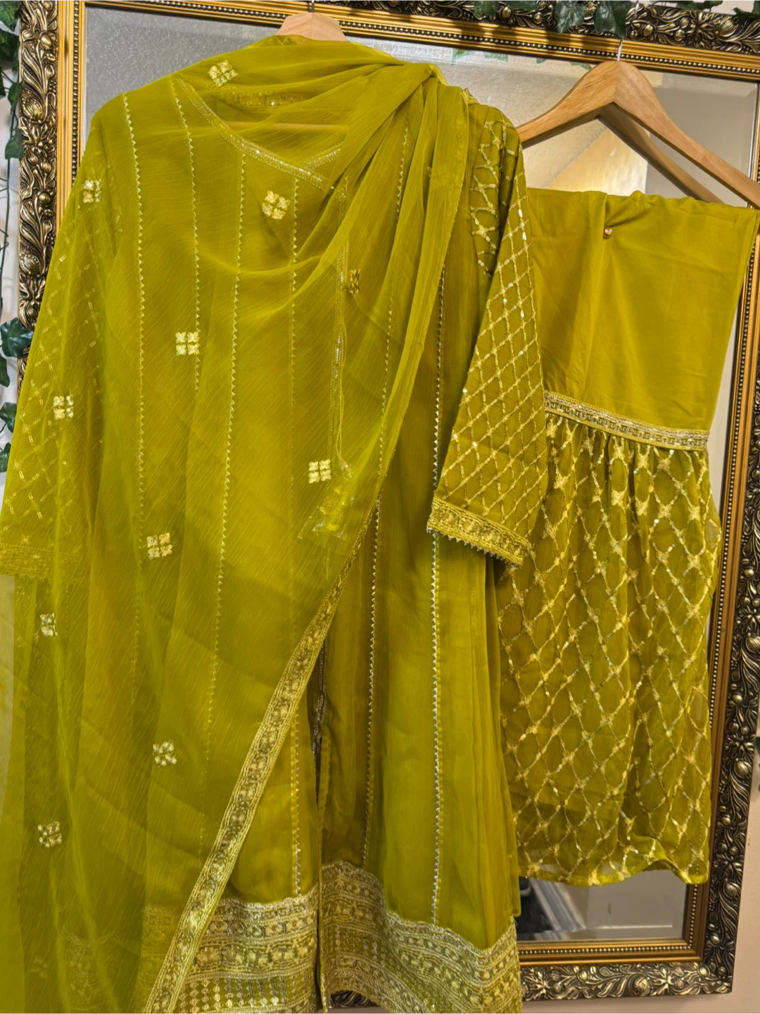 Olive Green Embroidered Pakistani Suit Set - photo 4