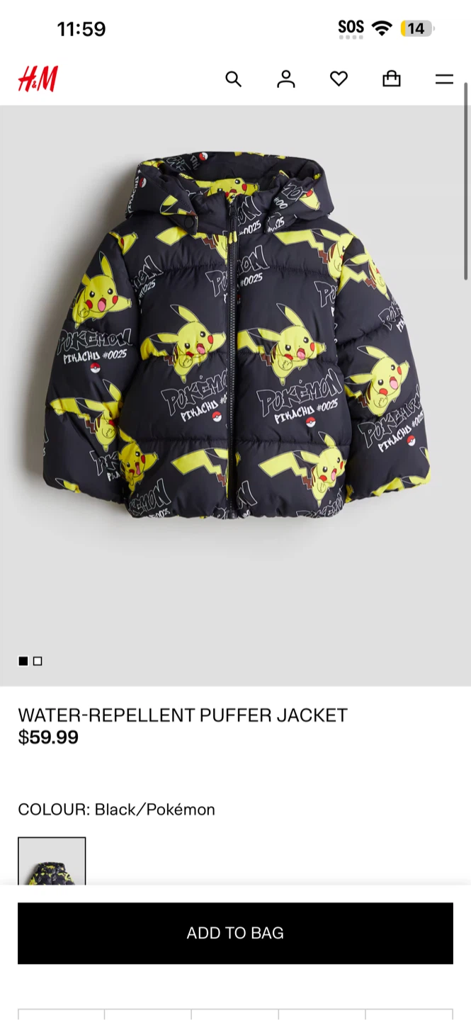 H&M Pokémon Pikachu Puffer Jacket