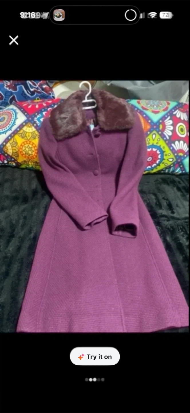 Purple wool-blend coat with faux fur collar