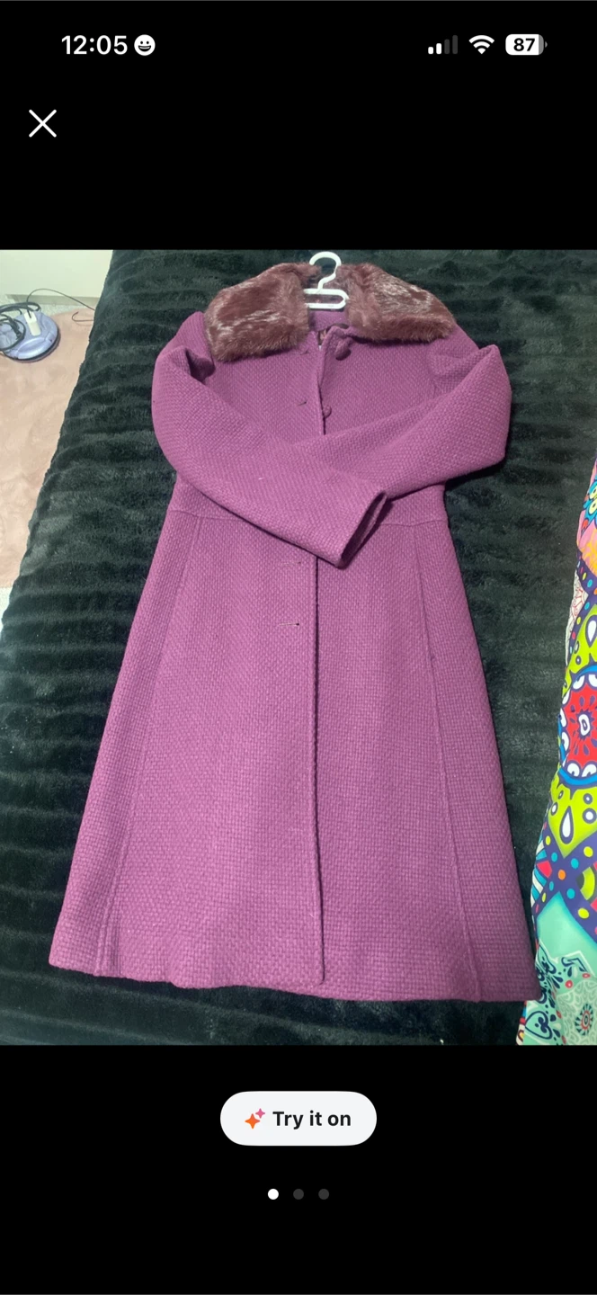 Purple wool-blend coat with faux fur collar - photo 2
