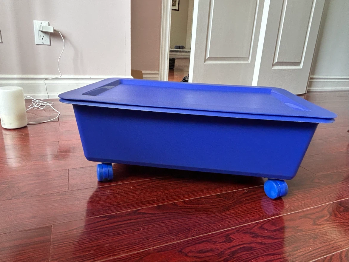 Blue Plastic Storage Bin with Wheels