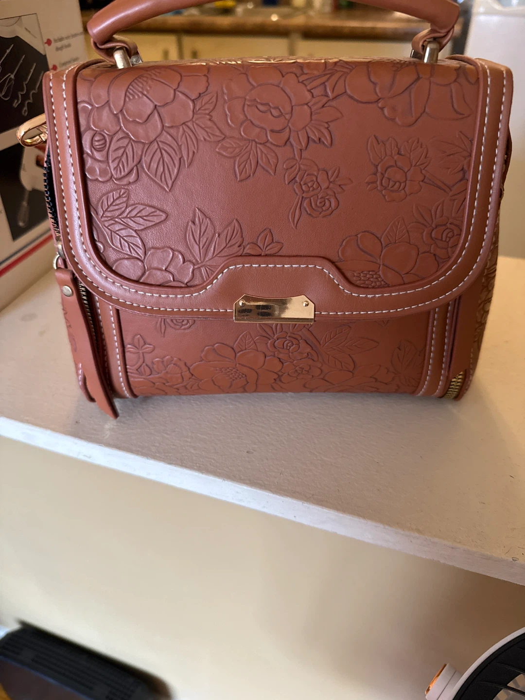 Tan Floral Embossed Crossbody Bag