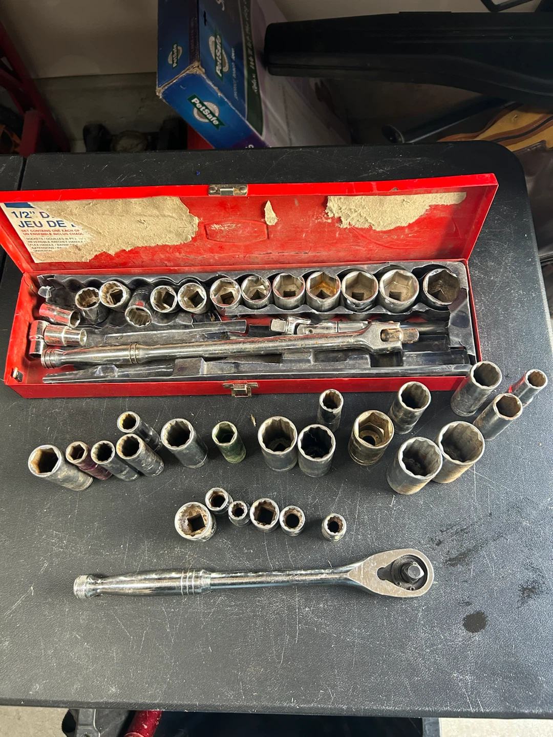 Assortment of 1/2”drive sockets with ratchet