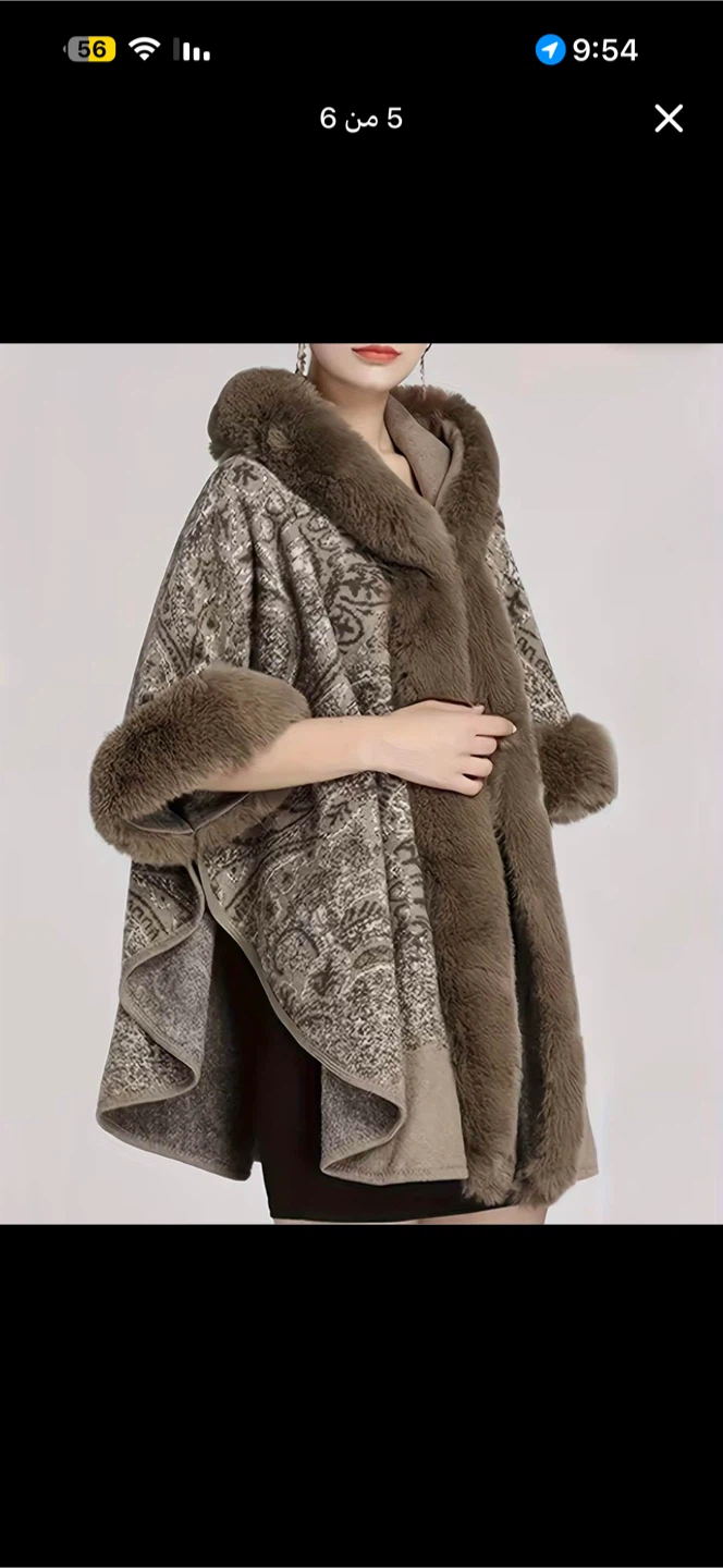 Hooded Faux Fur Trim Poncho Cape