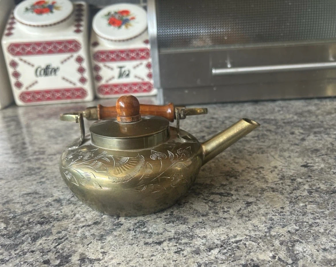Vintage Etched Brass Teapot with Wooden Handle
