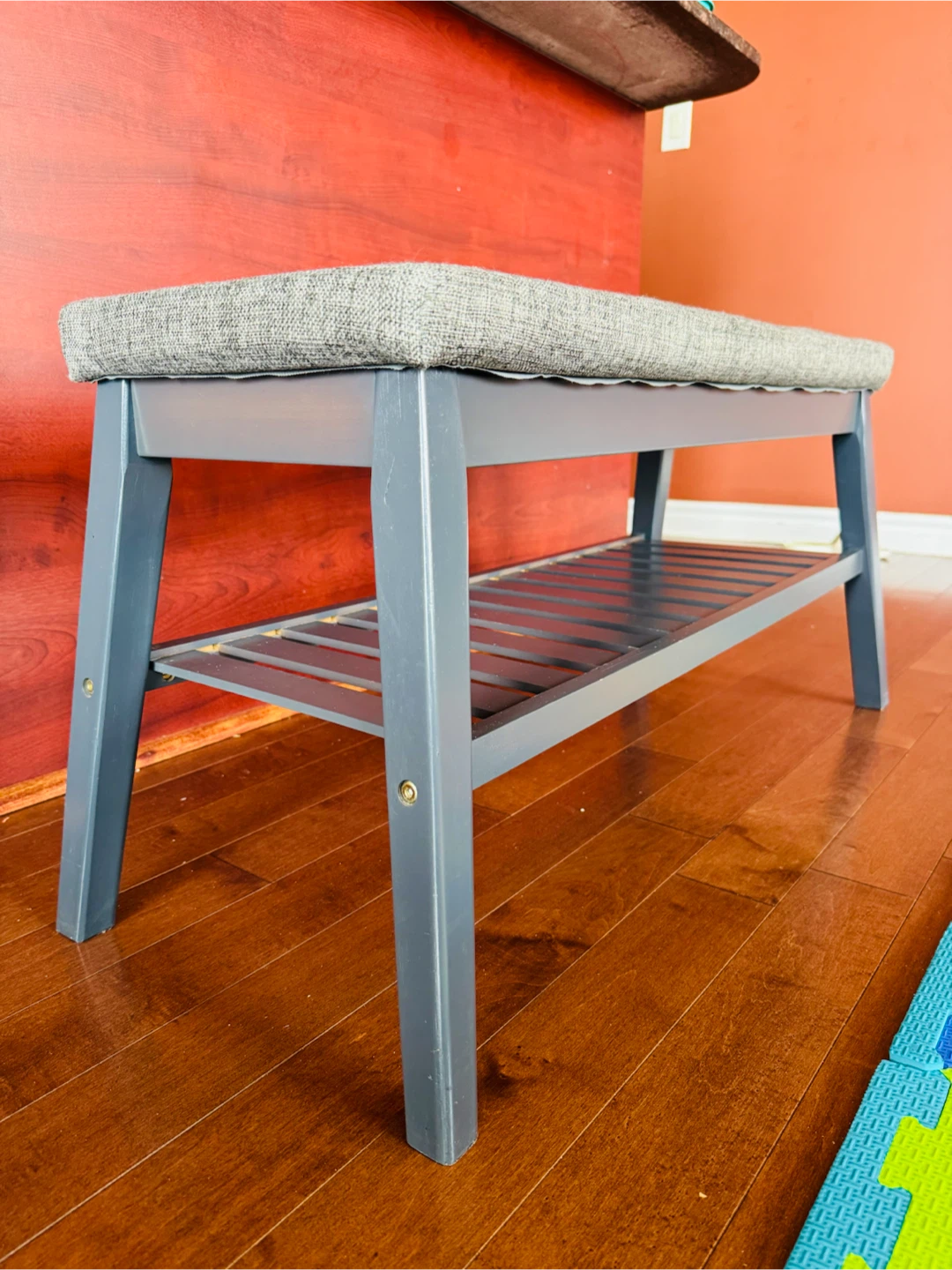 Grey Fabric Entryway Bench with Storage Shelf - photo 3