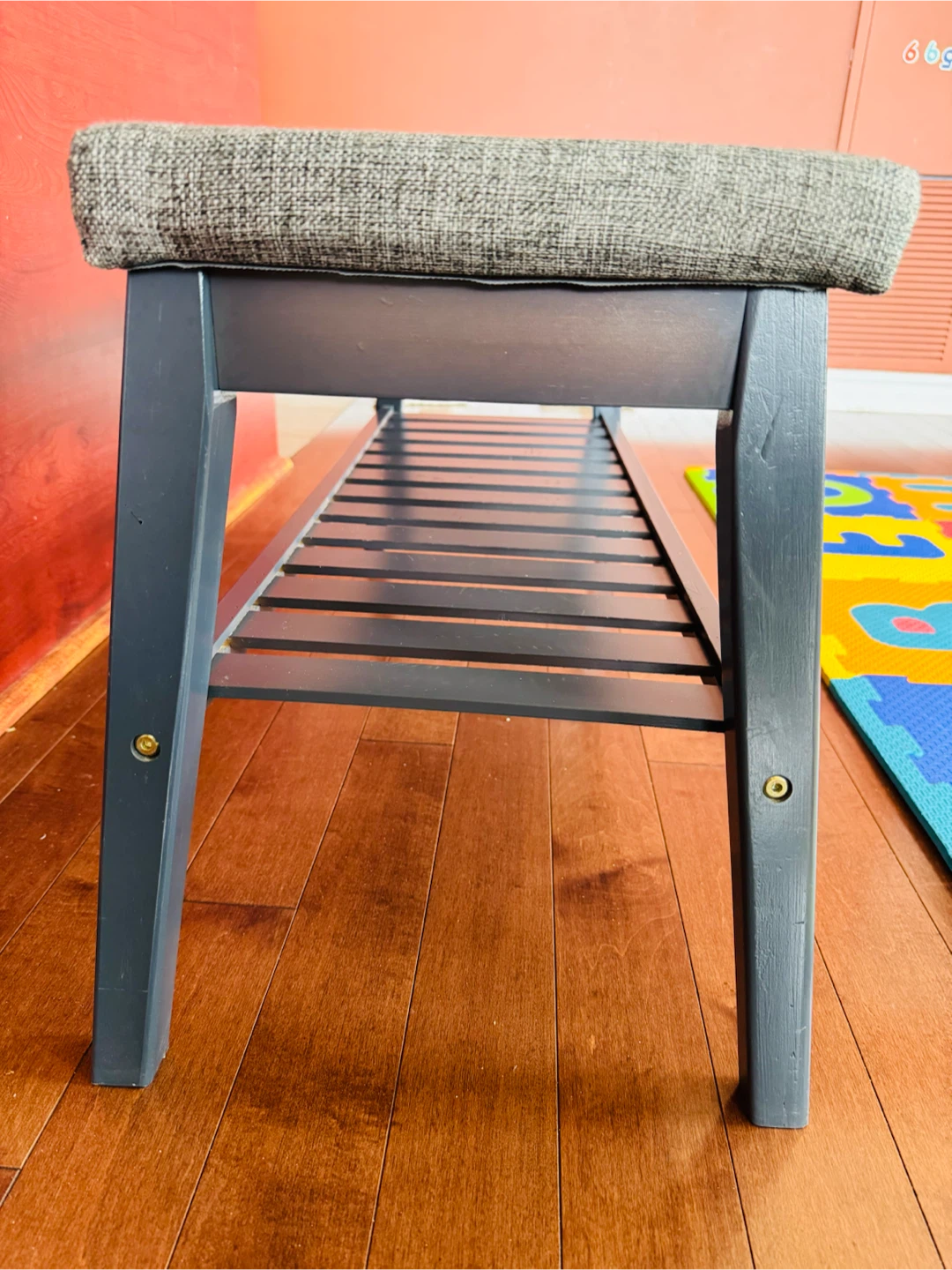 Grey Fabric Entryway Bench with Storage Shelf - photo 4