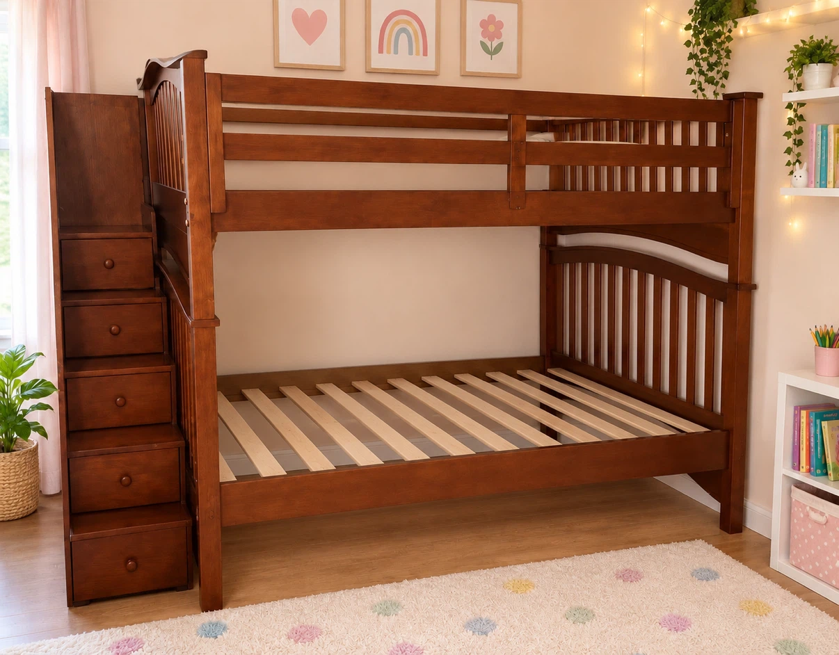 Wooden Bunk Bed with Stairs and Drawers