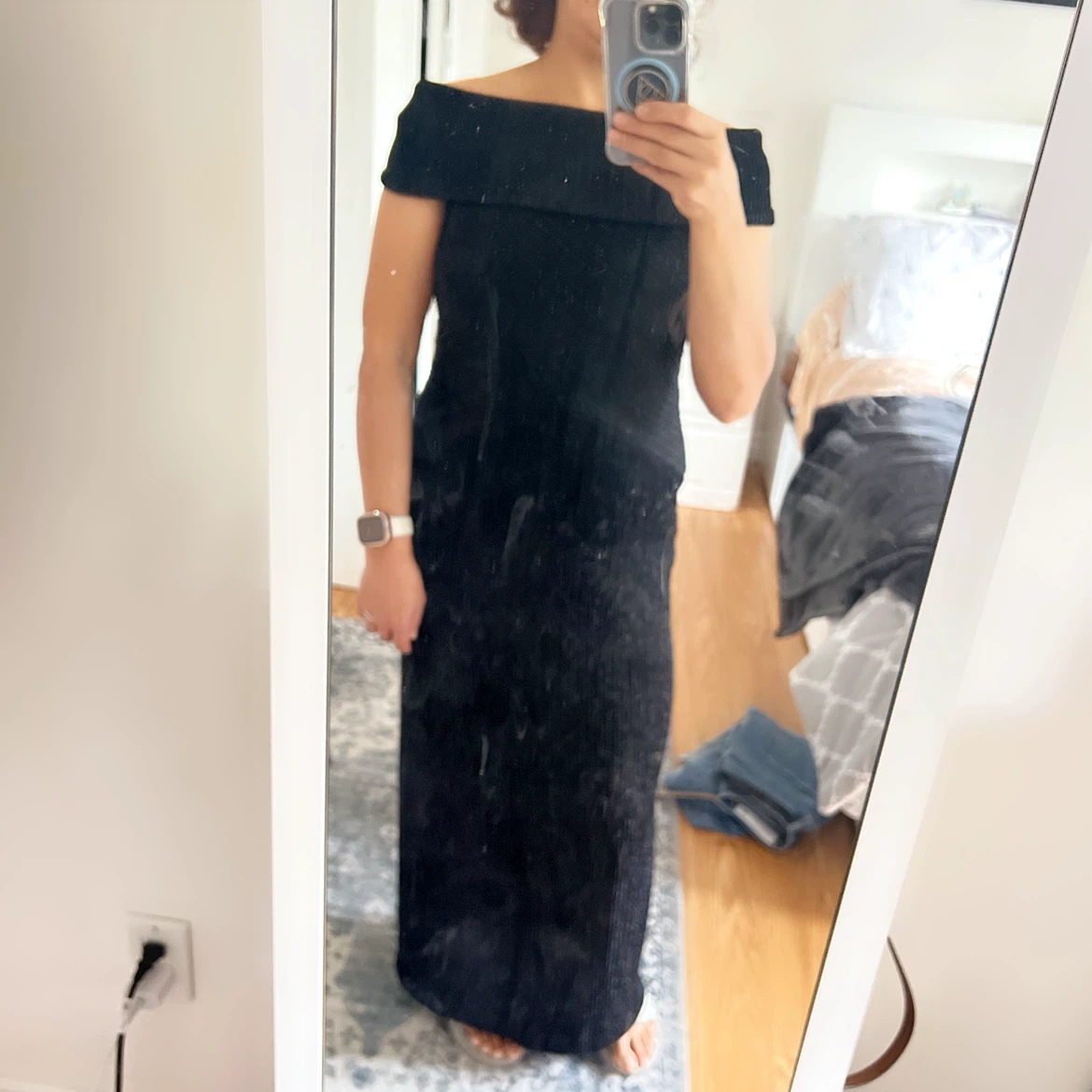 Black Shimmer Off-Shoulder Maxi Dress