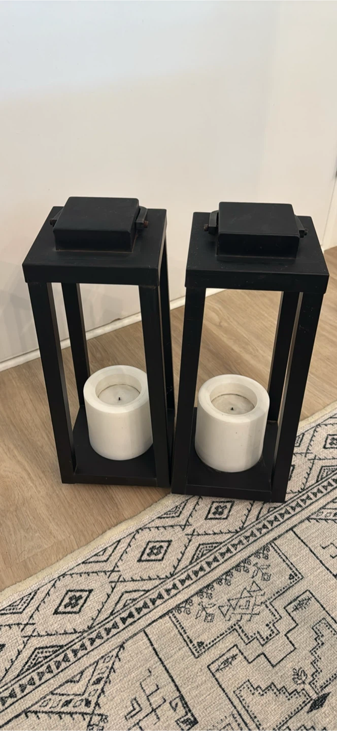 Set of Two Outdoor Black Metal Candle Lanterns