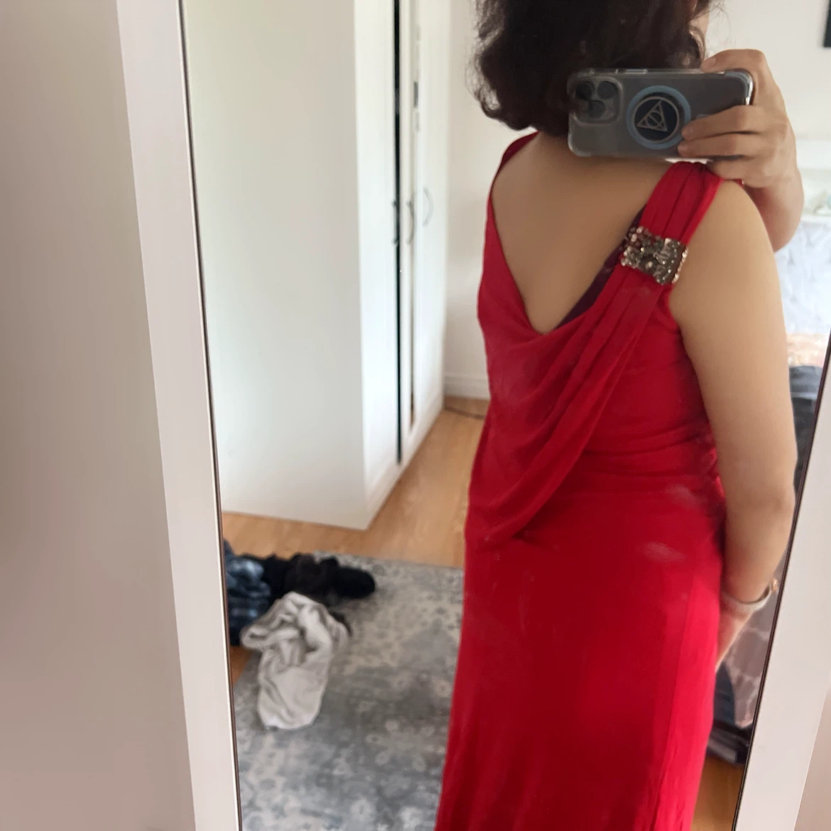 Red Evening Gown with Embellished Shoulder