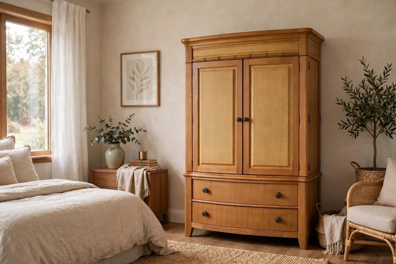 Light Oak Wooden Armoire with Woven Cane Doors – 74" Tall