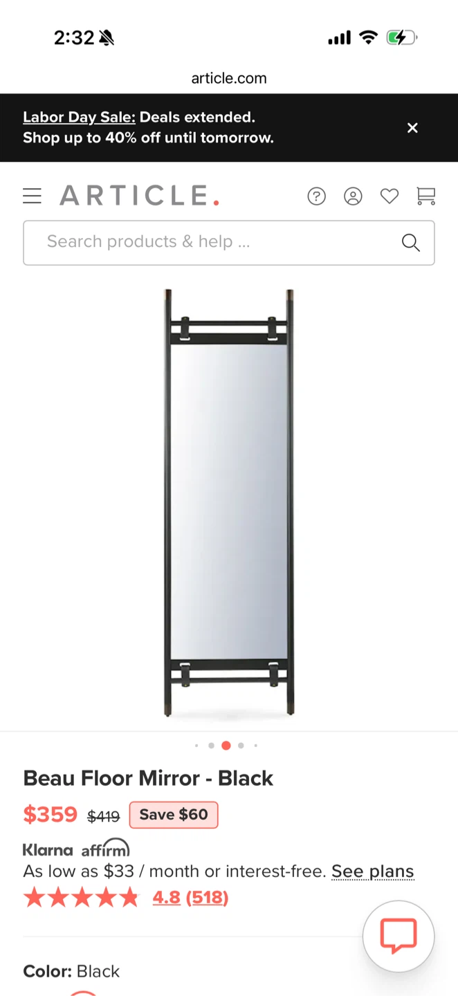 Article Beau Floor Mirror - Black - photo 2