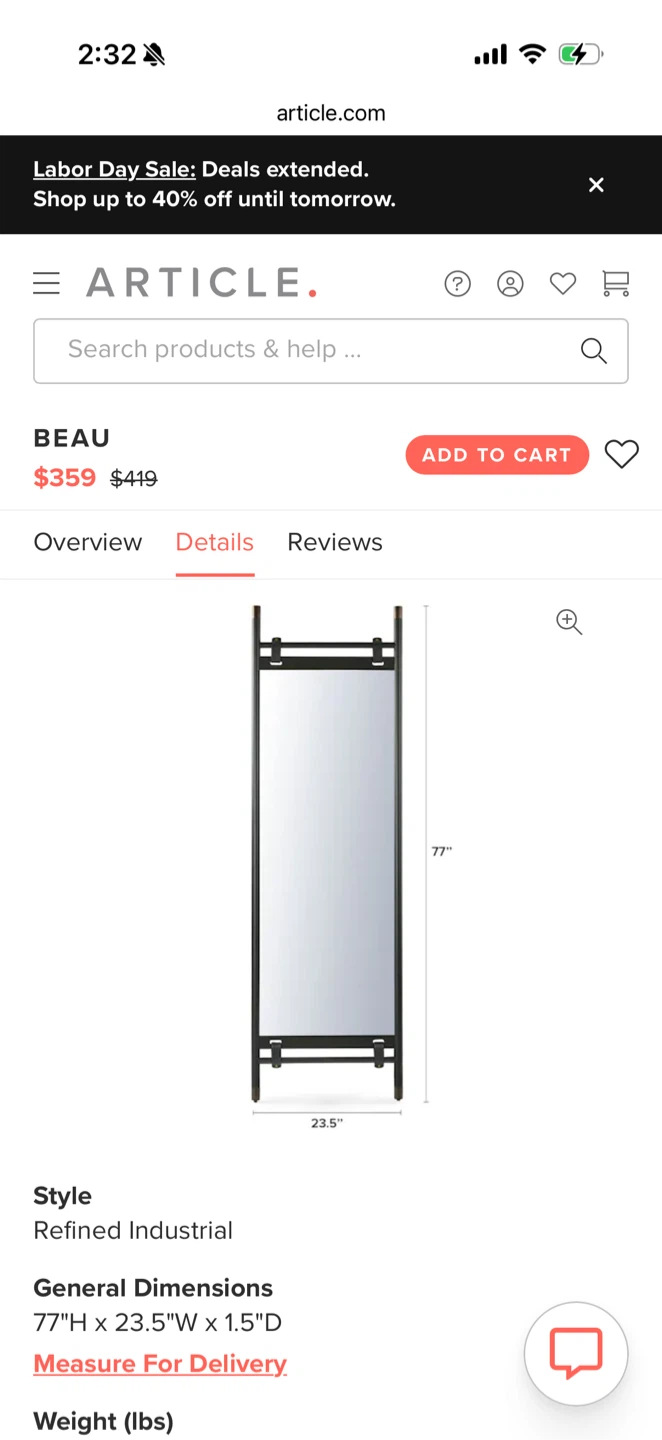 Article Beau Floor Mirror - Black - photo 3
