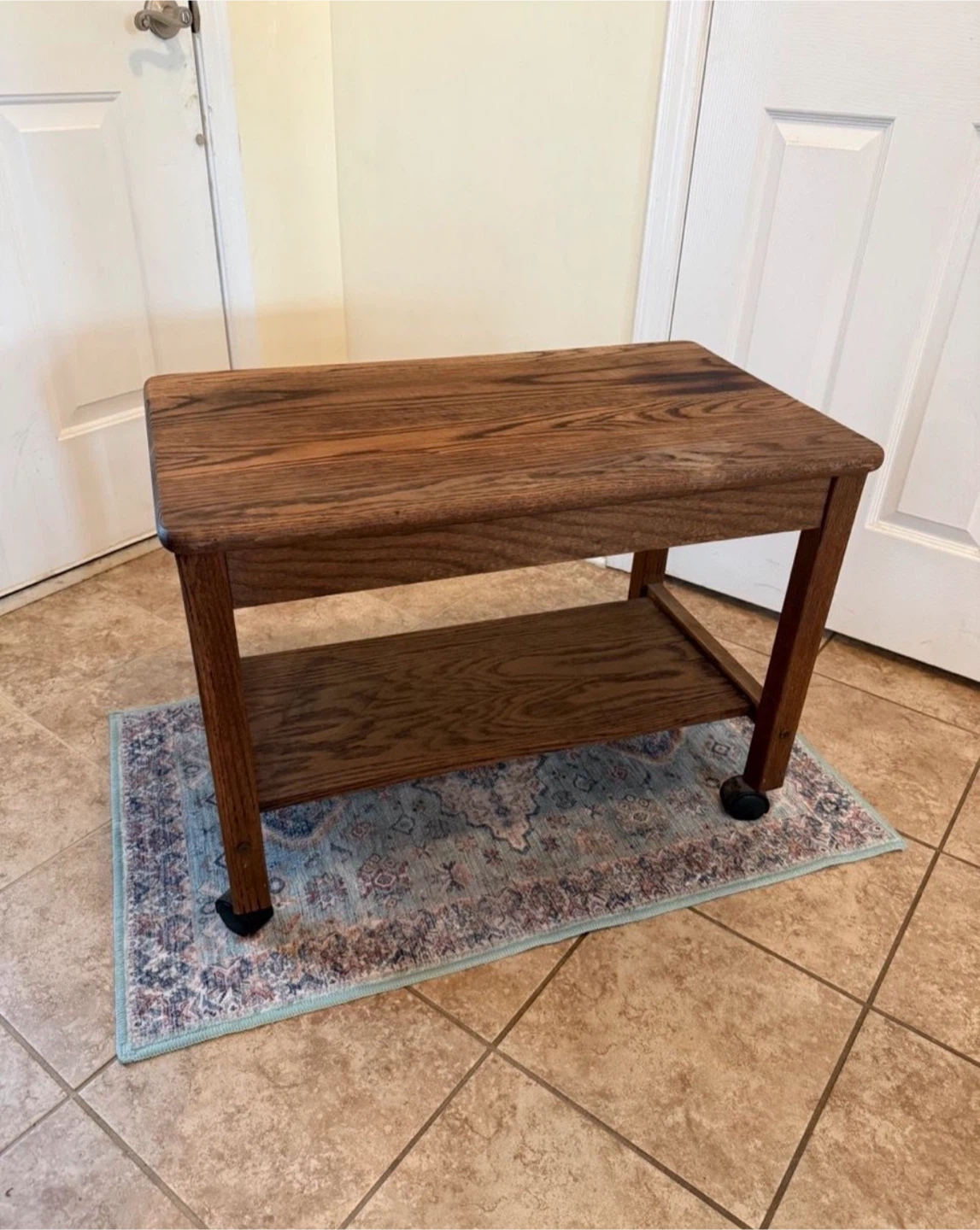 Vintage solid Rustic oak Rolling Wooden Side Table