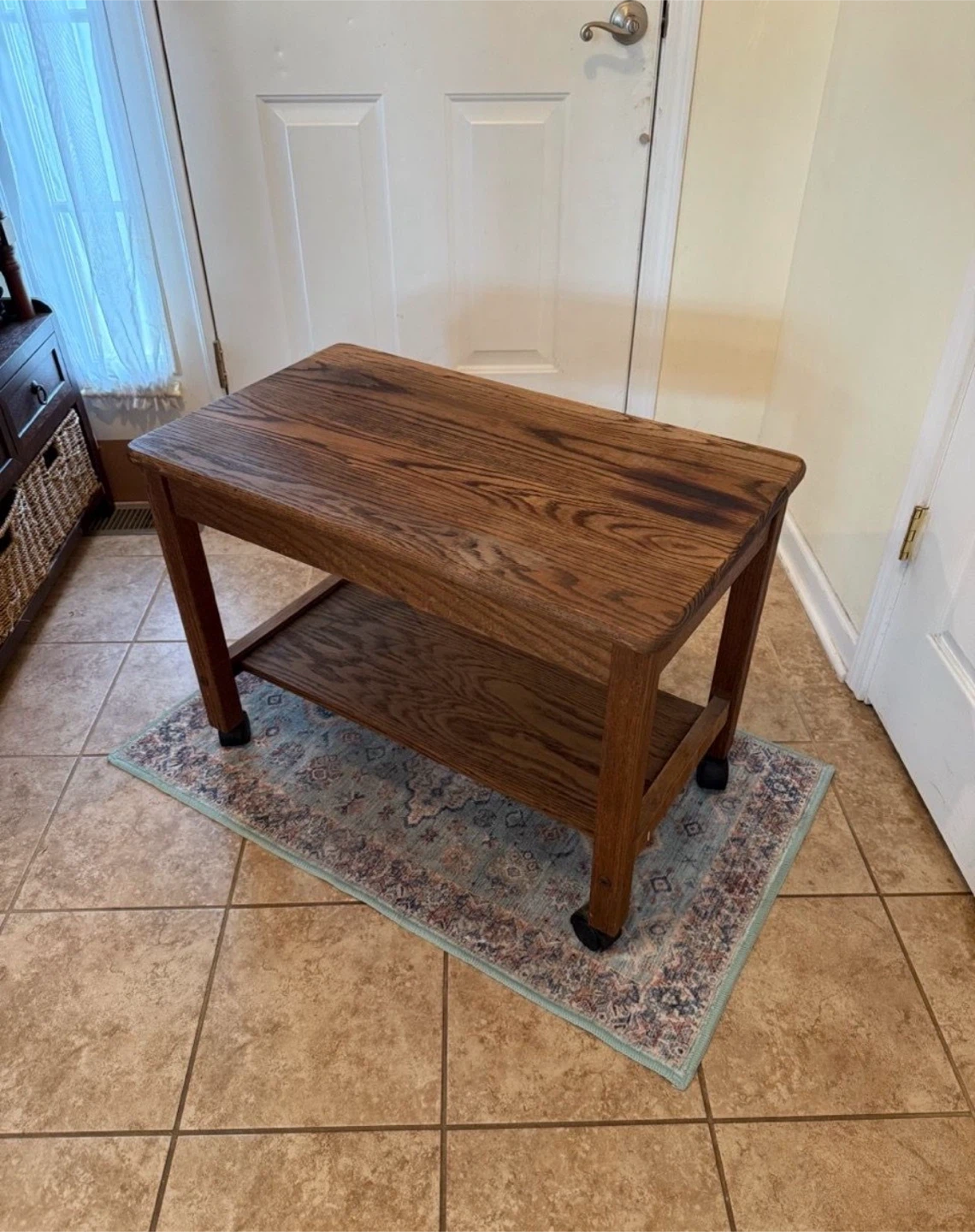 Vintage solid Rustic oak Rolling Wooden Side Table - photo 2