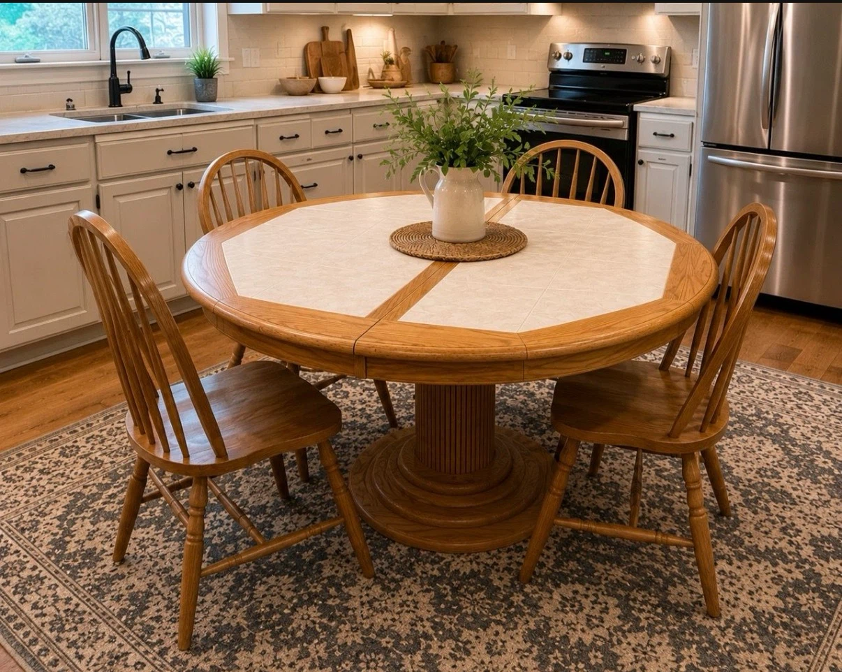 Vintage wood tile top pedestal dining table