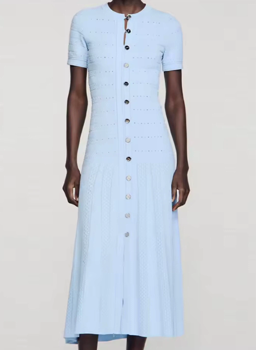 Blue Knit Button-Down Midi Dress