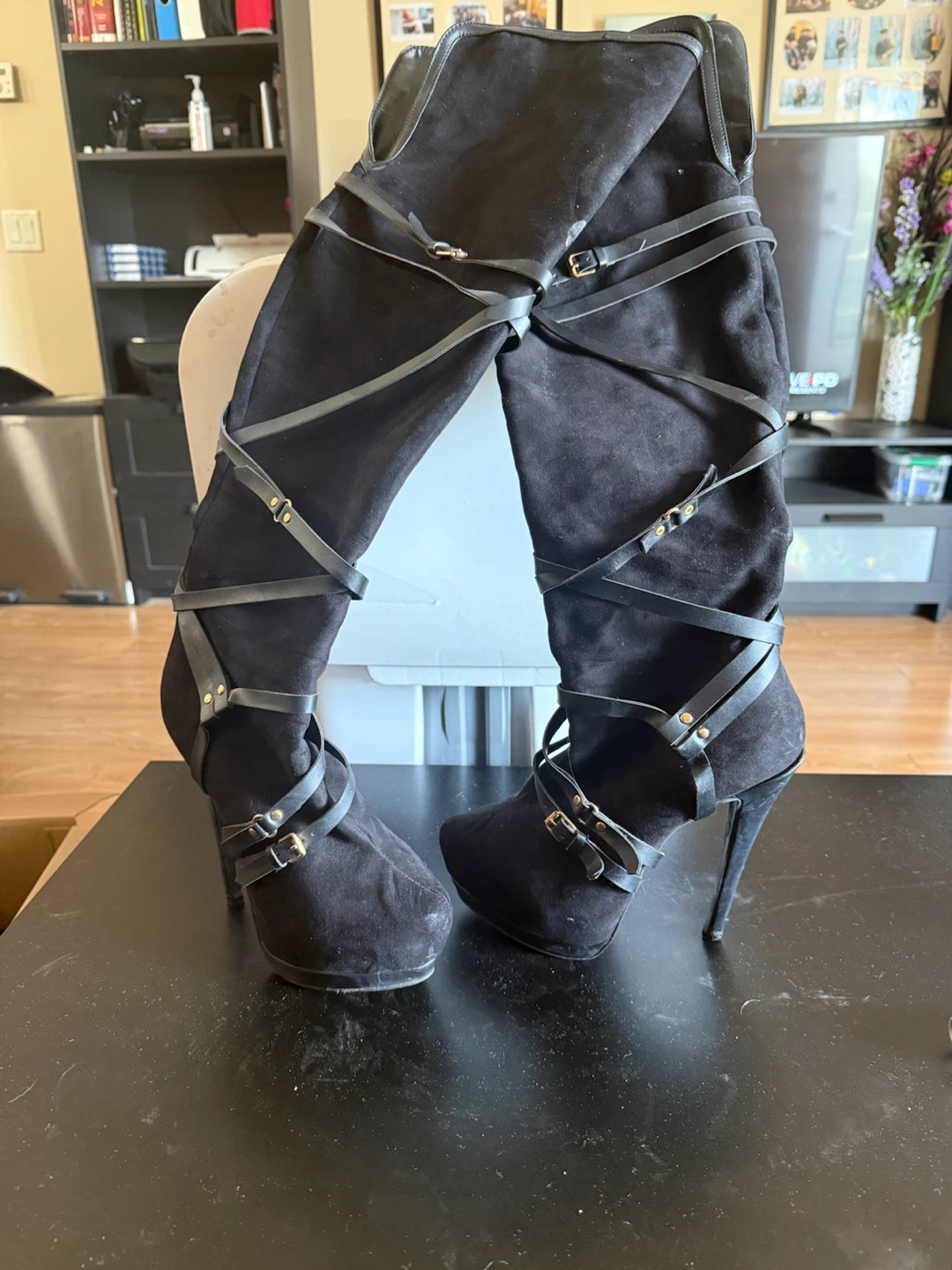 Black strappy high heel boots