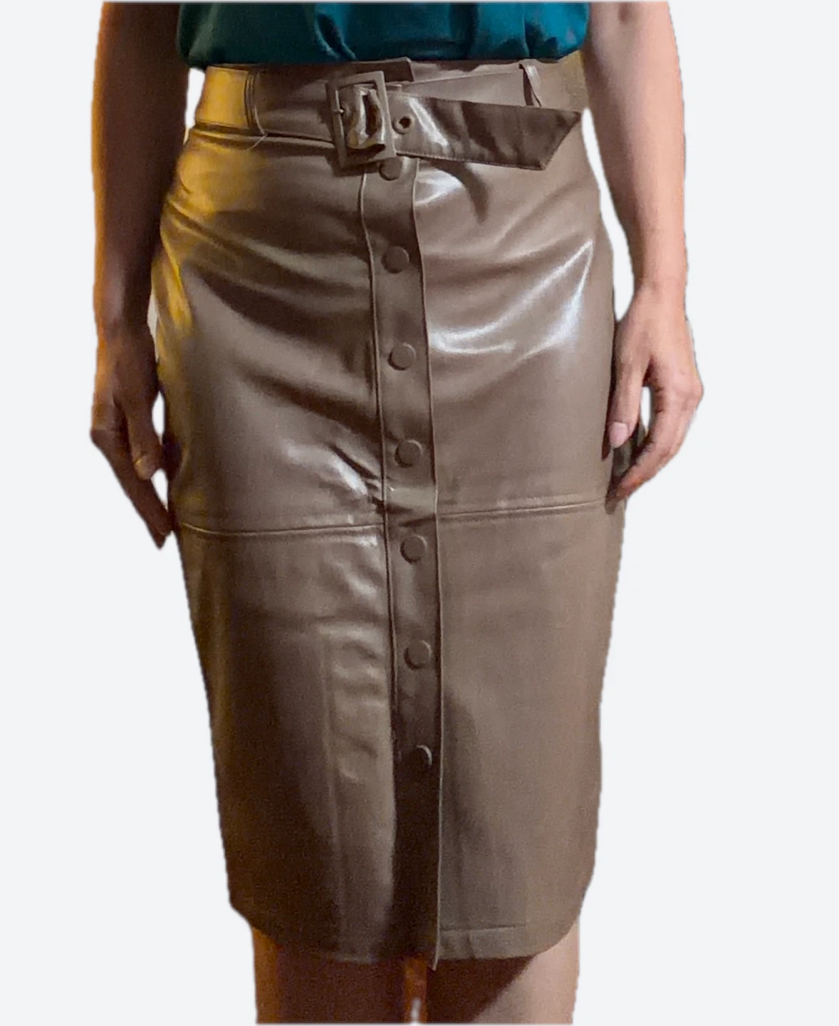 NWT Trendyol Faux Leather Belted Midi Skirt – Brown / Taupe