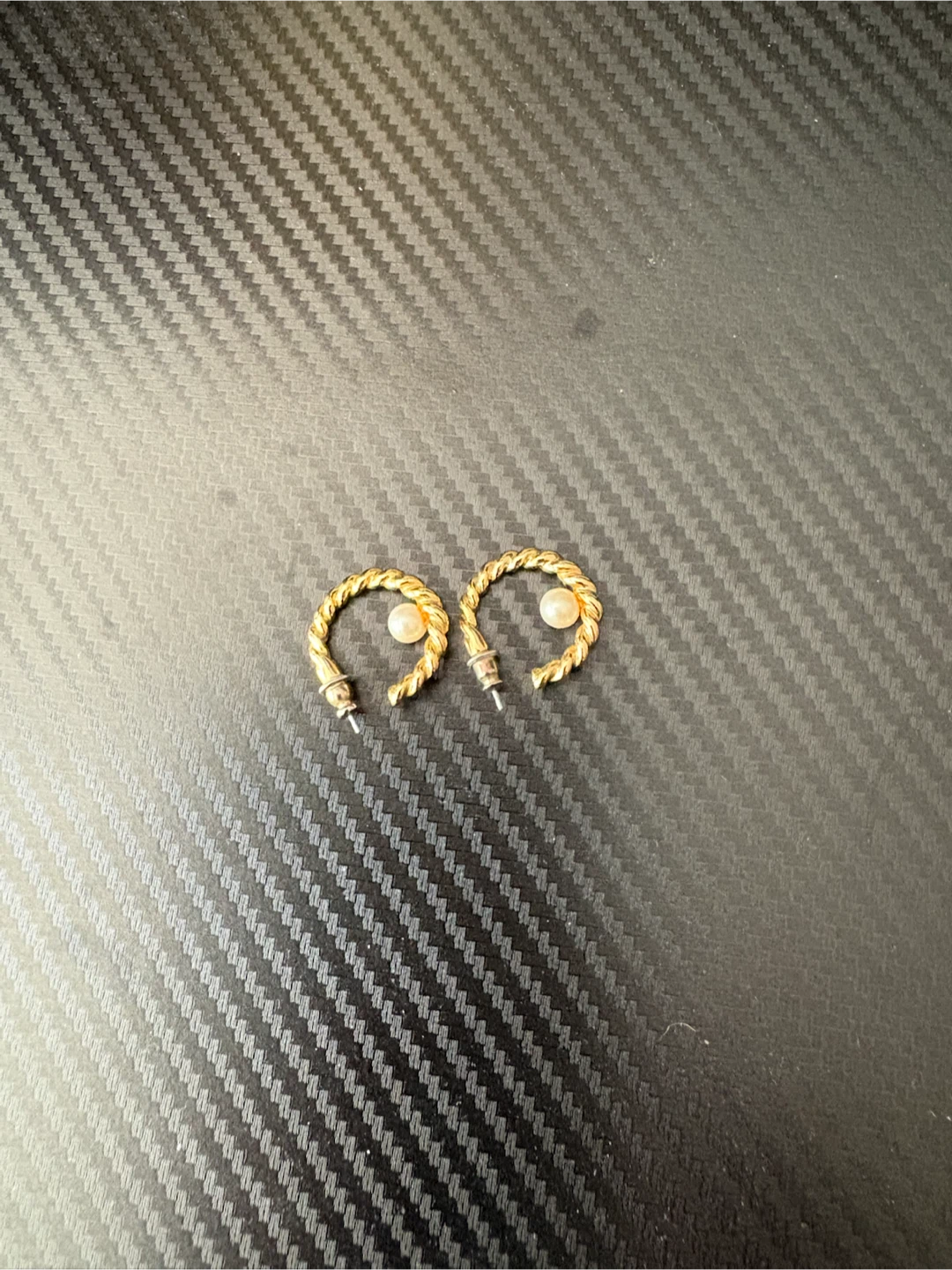 Gold Tone Twisted Hoop Earrings with Faux Pearl