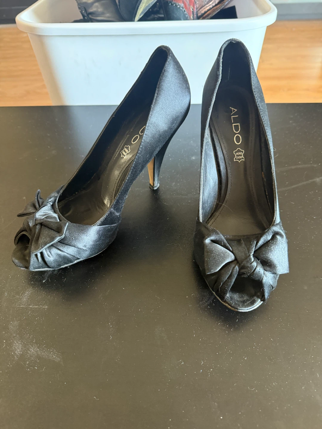 ALDO Black Satin Peep-Toe Heels